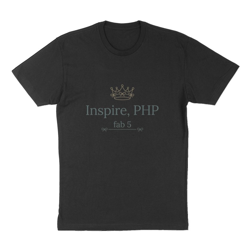 Custom t-shirt: "Inspire, PHP", Front print, black shirt