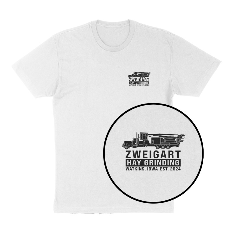 Custom t-shirt: "Zweigart Hay Grinding", Left Chest print, white shirt