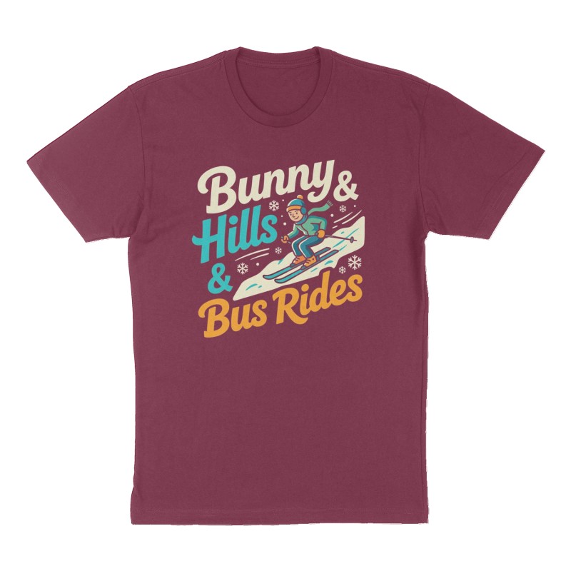 Custom t-shirt: "Bunny Hills & Bus Rides", Front print, maroon shirt