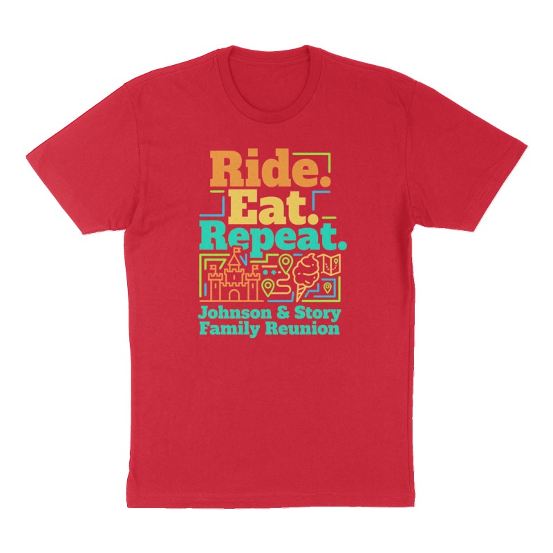 Custom t-shirt: "Ride. Eat. Repeat.", Front print, red shirt