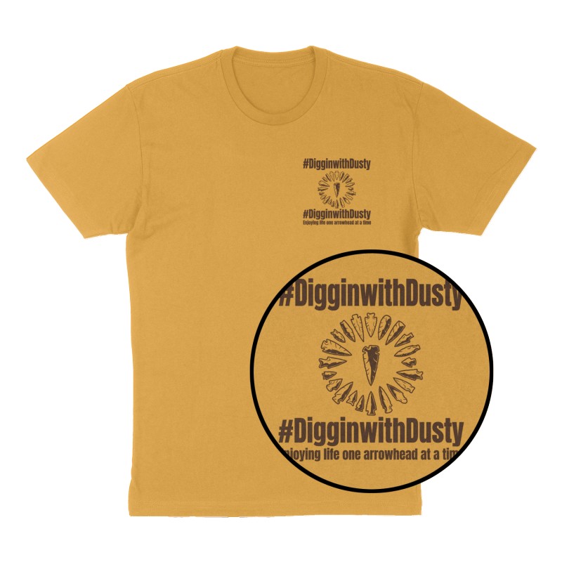 Custom t-shirt: "#DigginwithDusty ", Left Chest print, mustard-yellow shirt