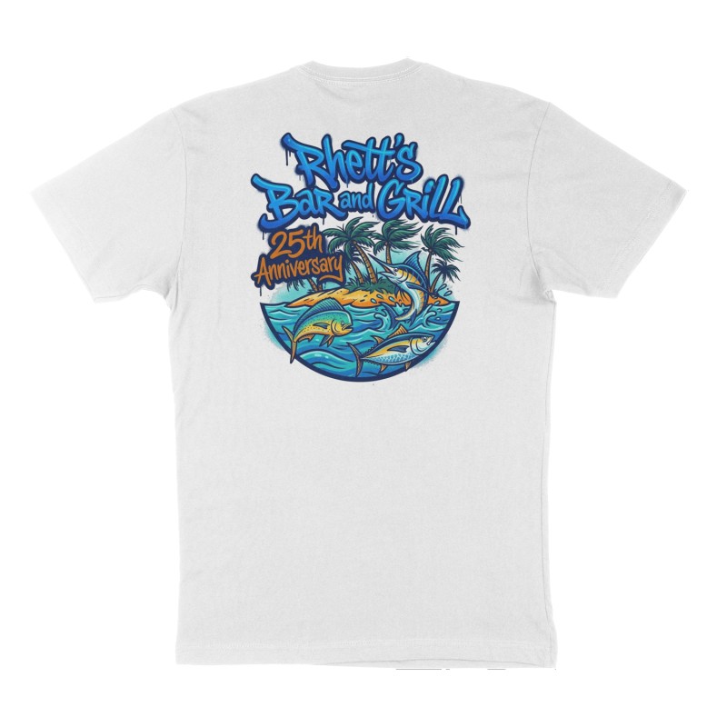 Custom t-shirt: "Rhett’s Bar and Grill", Back print, white shirt