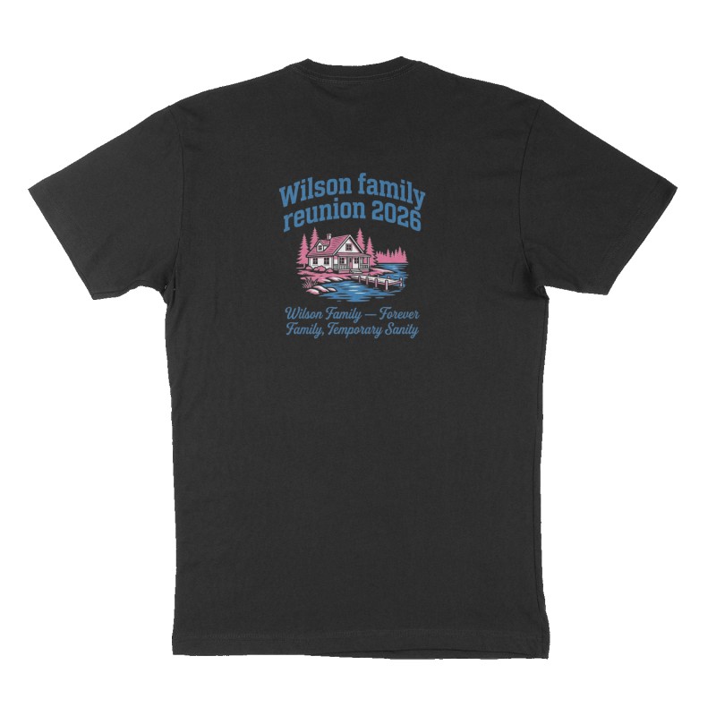 Custom t-shirt: "Wilson family reunion 2026", Back print, black shirt