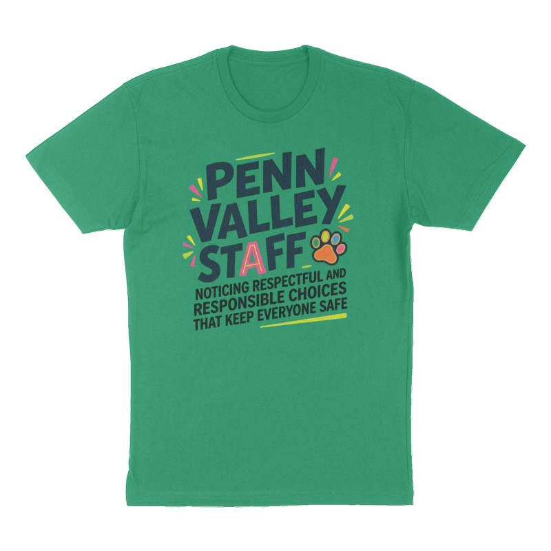 Custom t-shirt: "Penn Valley Staff", Front print, green shirt