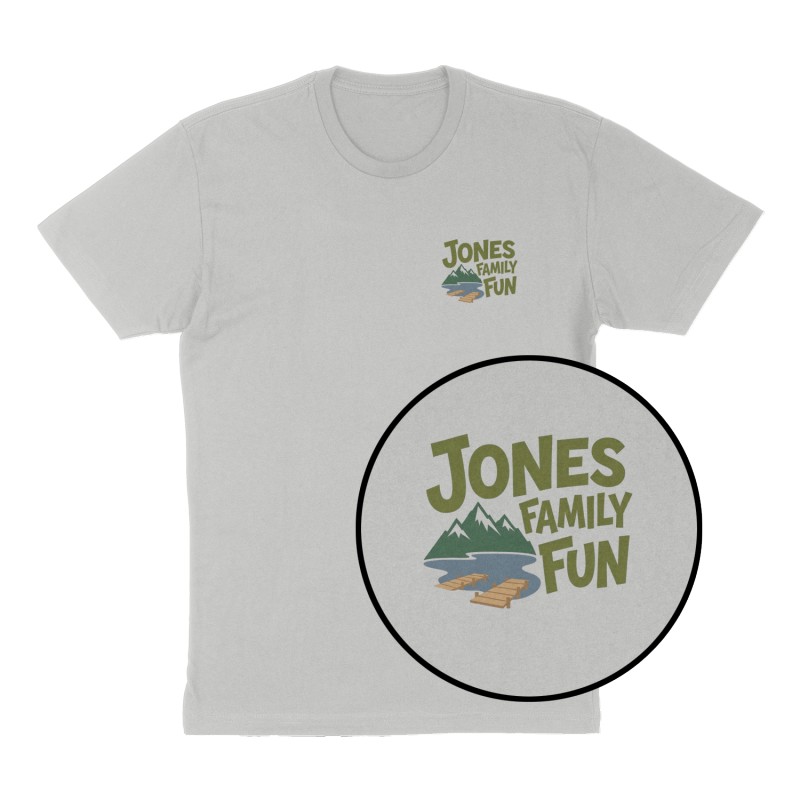 Custom t-shirt: "Jones Family Fun", Left Chest print, heather-gray shirt