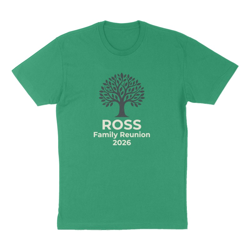 Custom t-shirt: "ROSS Family Reunion 2026", Front print, green shirt