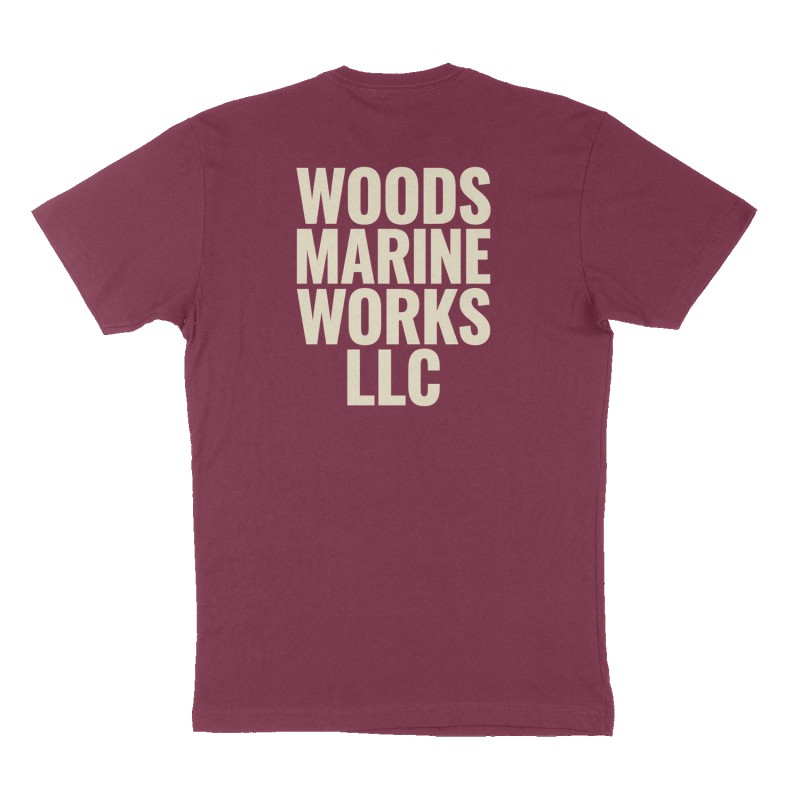 Custom t-shirt: "Woods Marine Works LLC", Back print, maroon shirt
