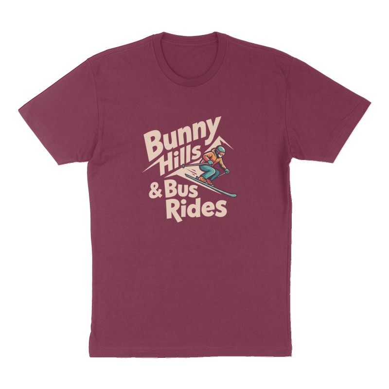 Custom t-shirt: "Bunny Hills & Bus Rides", Front print, maroon shirt