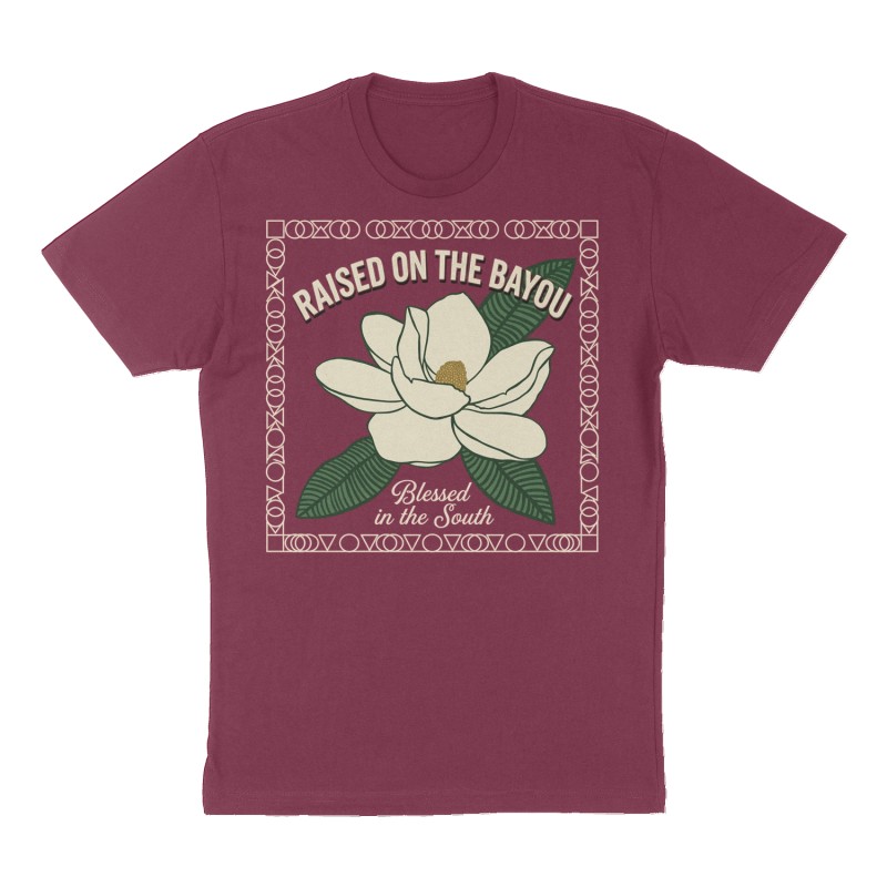 Custom t-shirt: "RAISED ON THE BAYOU", Front print, maroon shirt