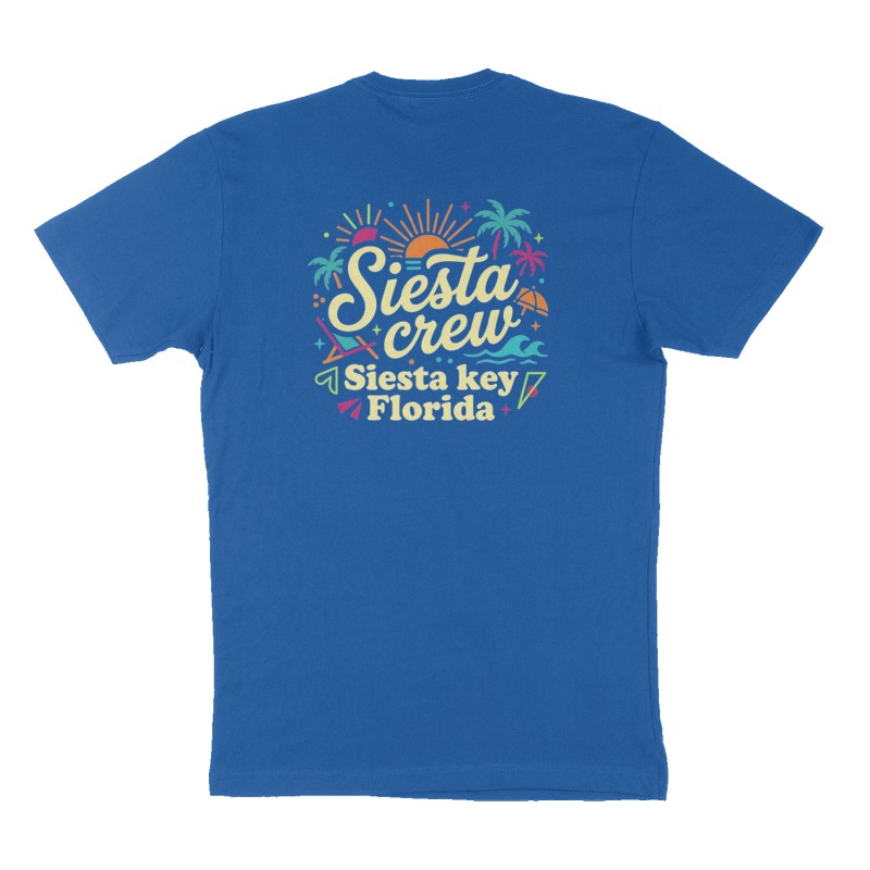 Custom t-shirt: "Siesta crew", Back print, royal-blue shirt