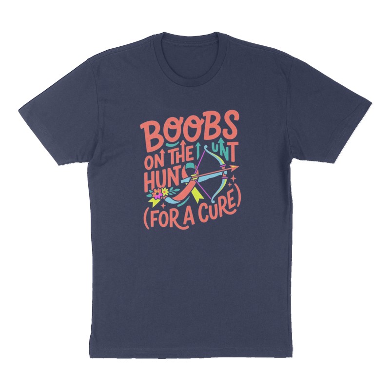 Custom t-shirt: "Boobs on the Hunt (for a cure)", Front print, navy shirt