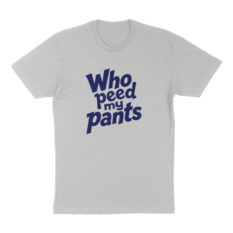 Custom t-shirt: "Who peed my pants", Front print, heather-gray shirt