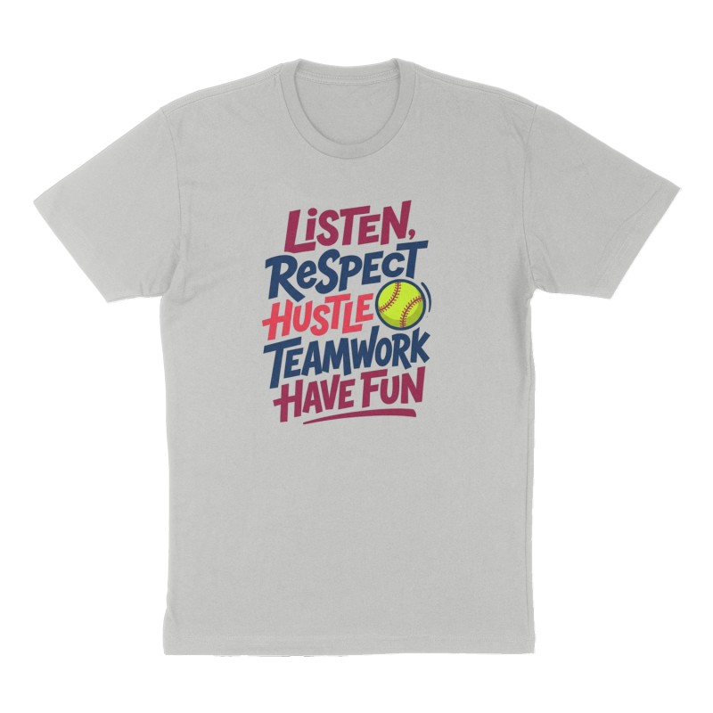 Custom t-shirt: "Listen, Respect, Hustle, Teamwork, Have Fun", Front print, heather-gray shirt