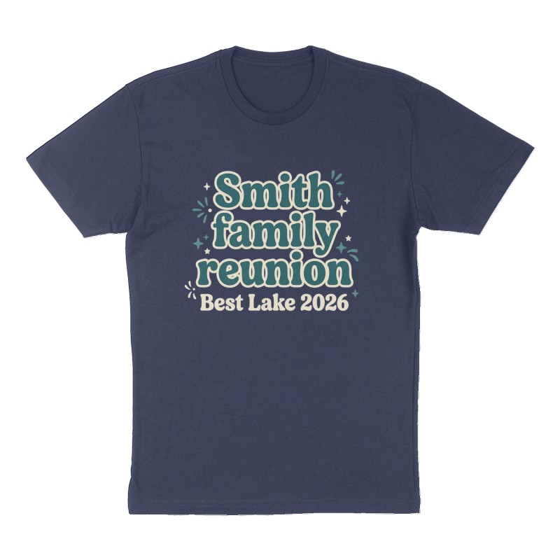Custom t-shirt: "Smith family reunion", Front print, navy shirt
