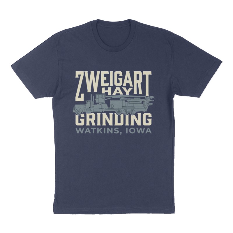 Custom t-shirt: "Zweigart Hay Grinding", Front print, navy shirt