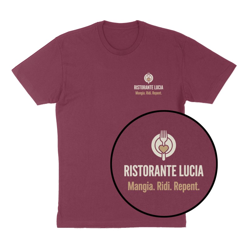 Custom t-shirt: "Ristorante Lucia", Left Chest print, maroon shirt
