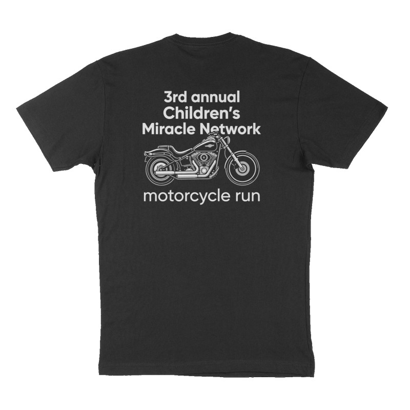 Custom t-shirt: "3rd annual Children's Miracle Network motorcycle run ", Back print, black shirt