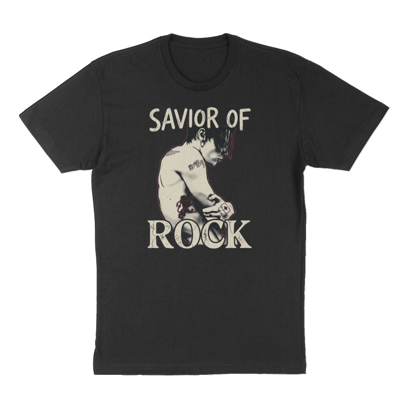 Custom t-shirt: "SAVIOR OF ROCK", Front print, black shirt