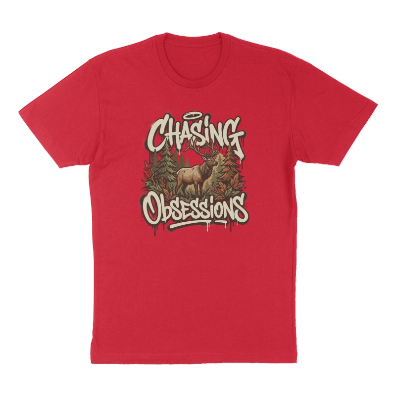 Custom t-shirt: "Chasing Obsessions ", Front print, red shirt