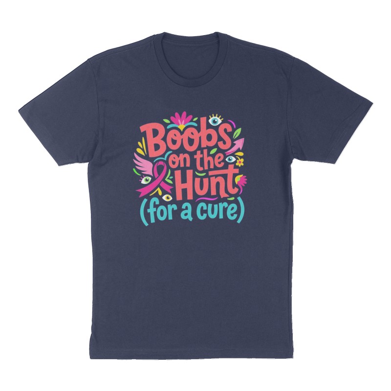 Custom t-shirt: "Boobs on the Hunt (for a cure)", Front print, navy shirt