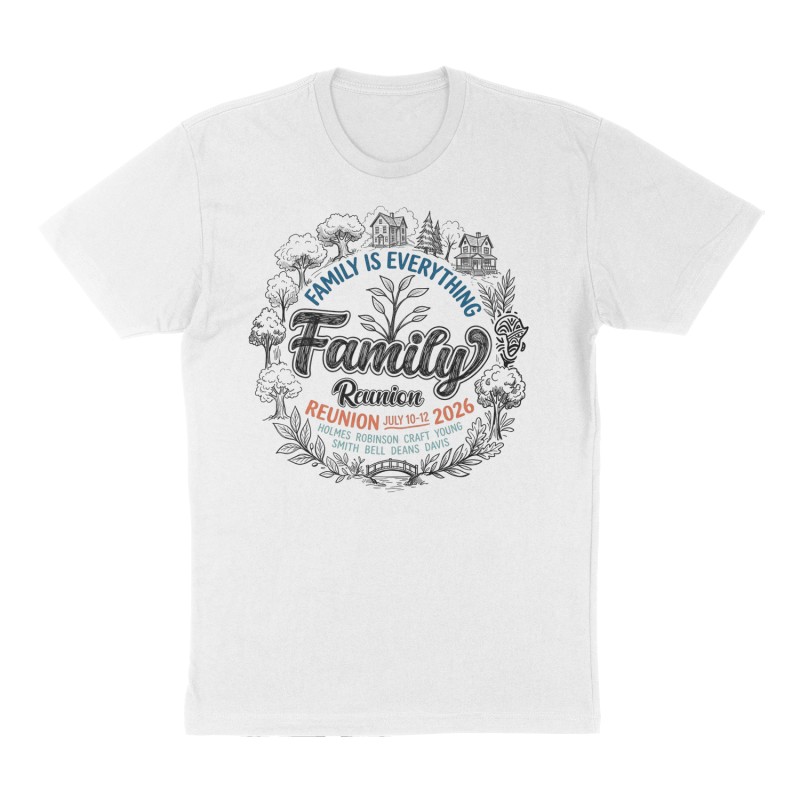 Custom t-shirt: "FAMILY IS EVERYTHING REUNION JULY 10-12 2026", Front print, white shirt