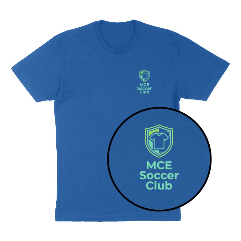Custom t-shirt: "MCE Soccer Club", Left Chest print, royal-blue shirt