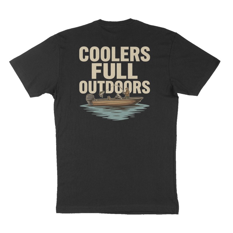 Custom t-shirt: "Coolers full outdoors", Back print, black shirt