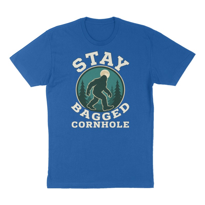 Custom t-shirt: "Stay Bagged Cornhole", Front print, royal-blue shirt