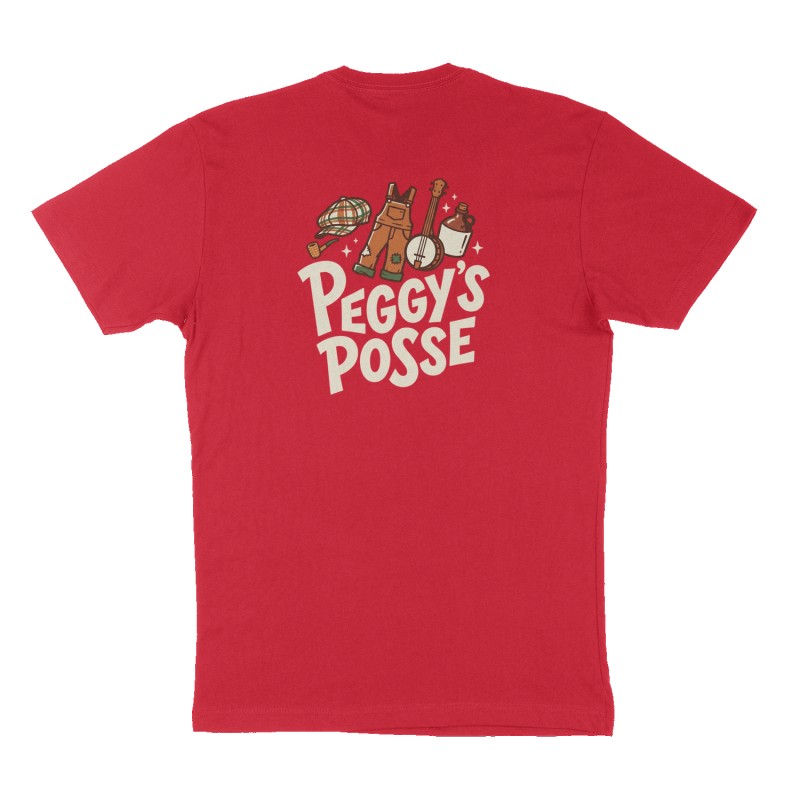 Custom t-shirt: "Peggy’s Posse", Back print, red shirt
