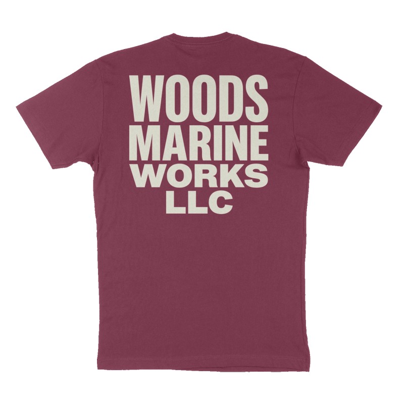 Custom t-shirt: "Woods Marine Works LLC", Back print, maroon shirt