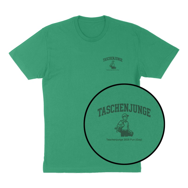 Custom t-shirt: "Taschenjunge", Left Chest print, green shirt