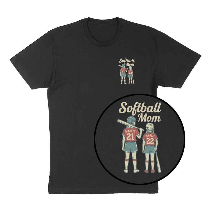 Custom t-shirt: "Softball Mom", Left Chest print, black shirt