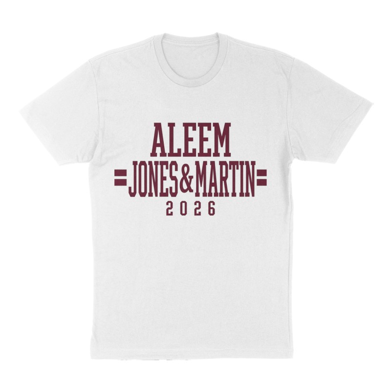 Custom t-shirt: "Aleem, Jones& Martin", white shirt
