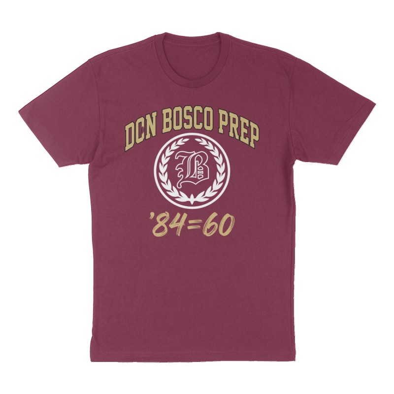 Custom t-shirt: "Don Bosco Prep", Front print, maroon shirt