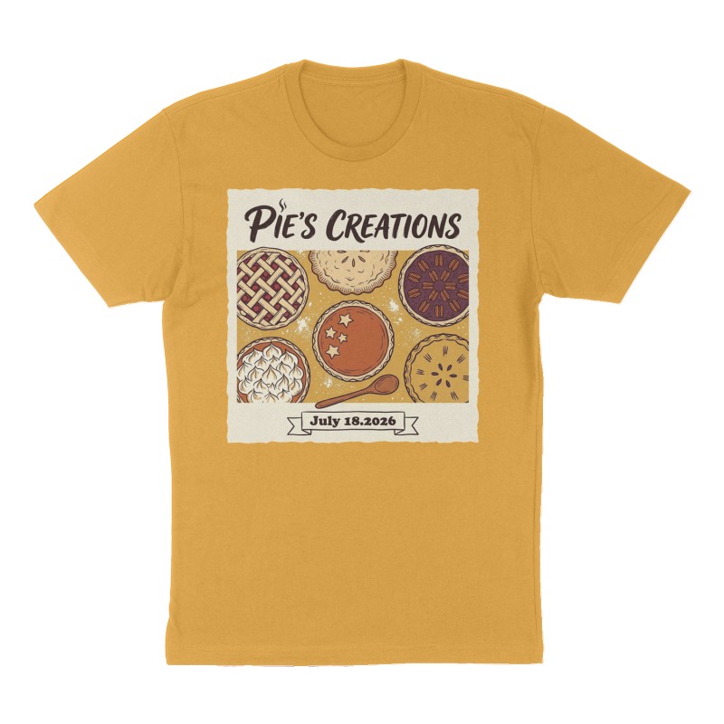 Custom t-shirt: "Pie’s Creations", mustard-yellow shirt