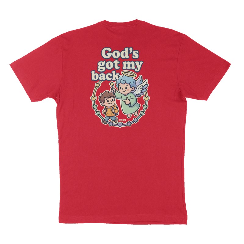 Custom t-shirt: "God’s got my back", Back print, red shirt