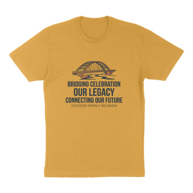 Custom t-shirt: "Bridging celebration our legacy connecting our future", Front print, mustard-yellow shirt