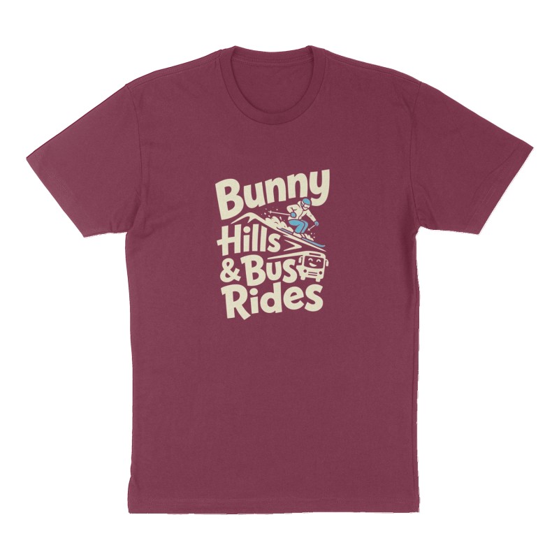 Custom t-shirt: "Bunny Hills & Bus Rides", Front print, maroon shirt