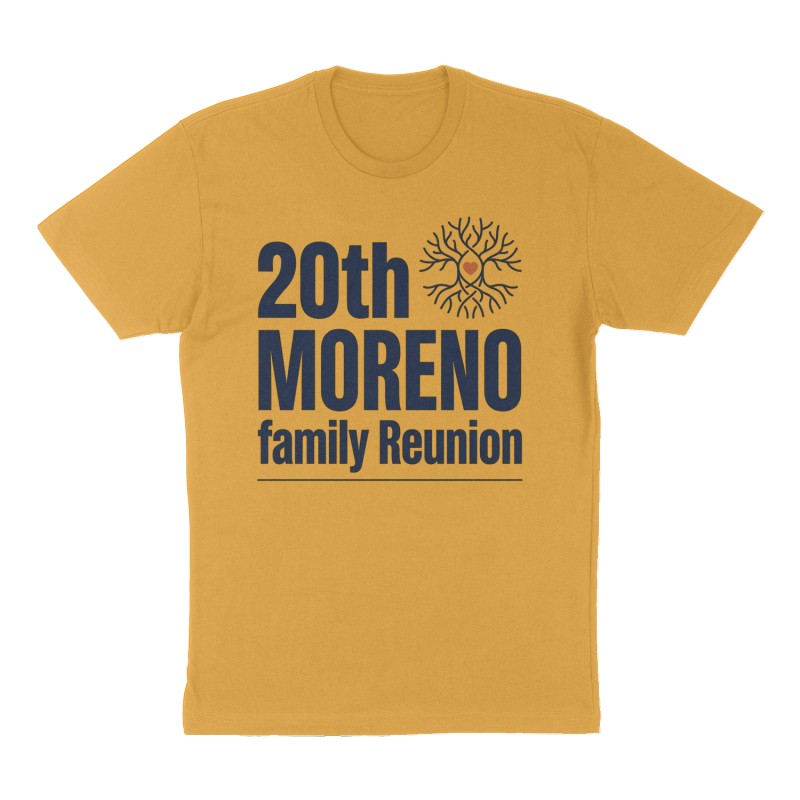 Custom t-shirt: "20th Moreno family Reunion", mustard-yellow shirt