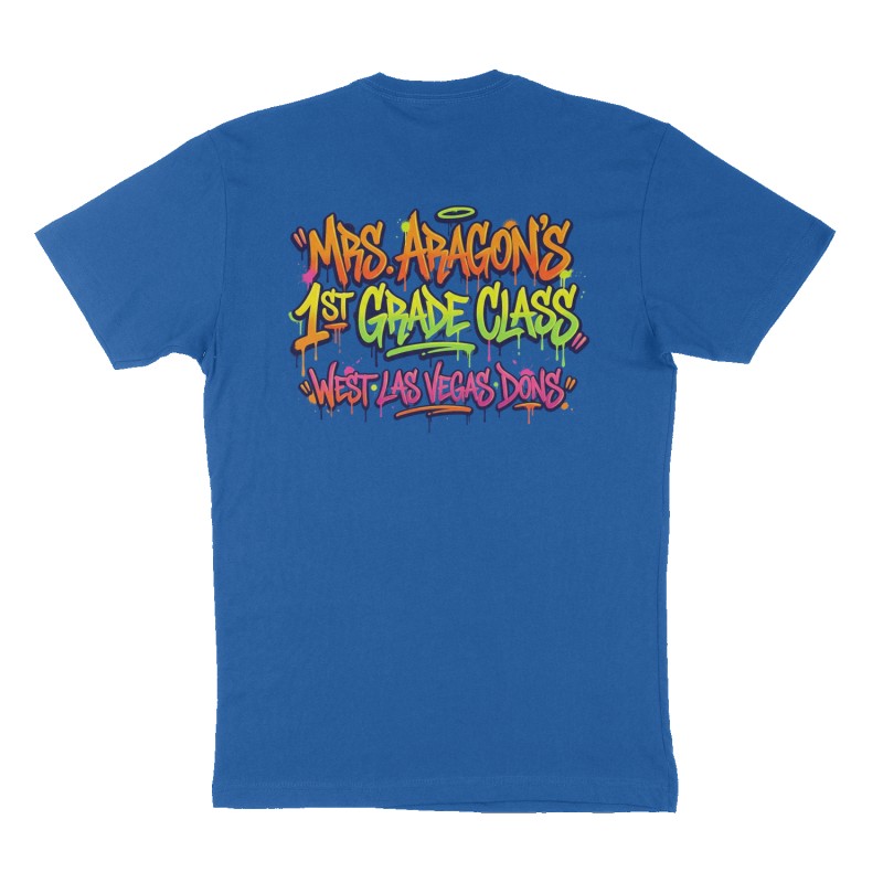 Custom t-shirt: "Mrs. Aragon's 1st grade class", Back print, royal-blue shirt