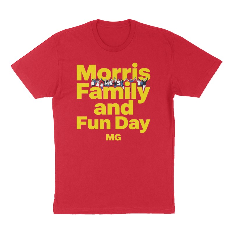 Custom t-shirt: "Morris Family and Fun Day", Front print, red shirt