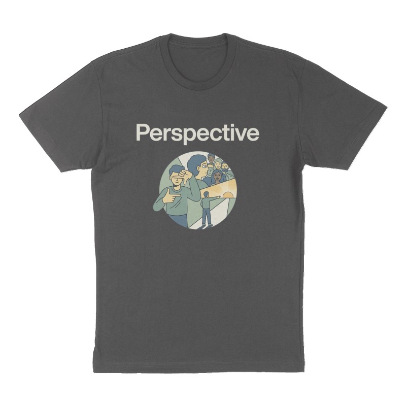 Custom t-shirt: "Perspective", Front print, charcoal shirt