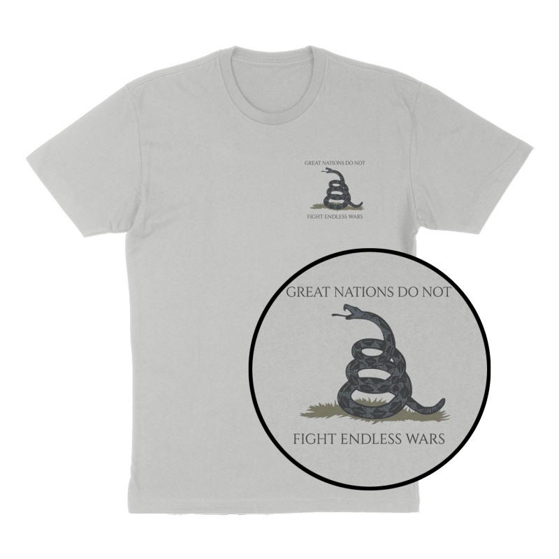 Custom t-shirt: "Great nations do not fight endless wars", Left Chest print, heather-gray shirt