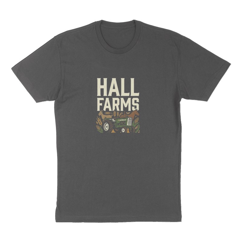Custom t-shirt: "Hall Farms", Front print, charcoal shirt