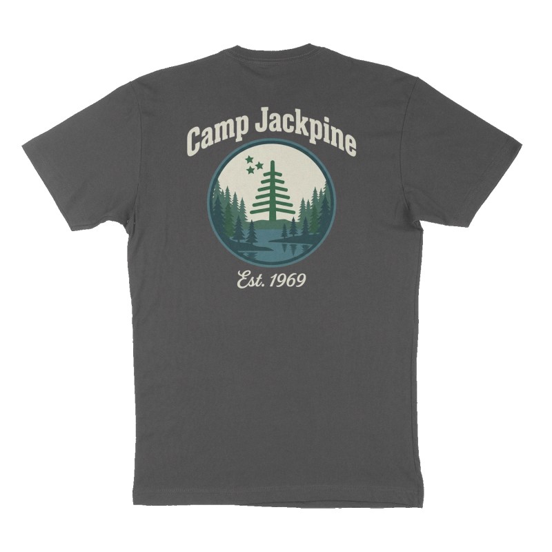 Custom t-shirt: "Camp Jackpine", Back print, charcoal shirt