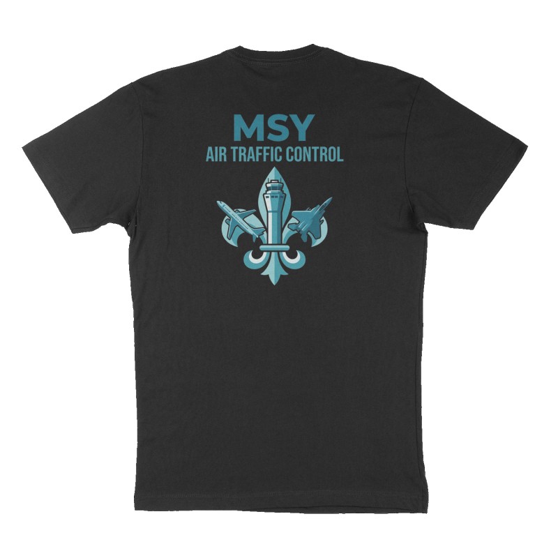 Custom t-shirt: "MSY air traffic control", Back print, black shirt