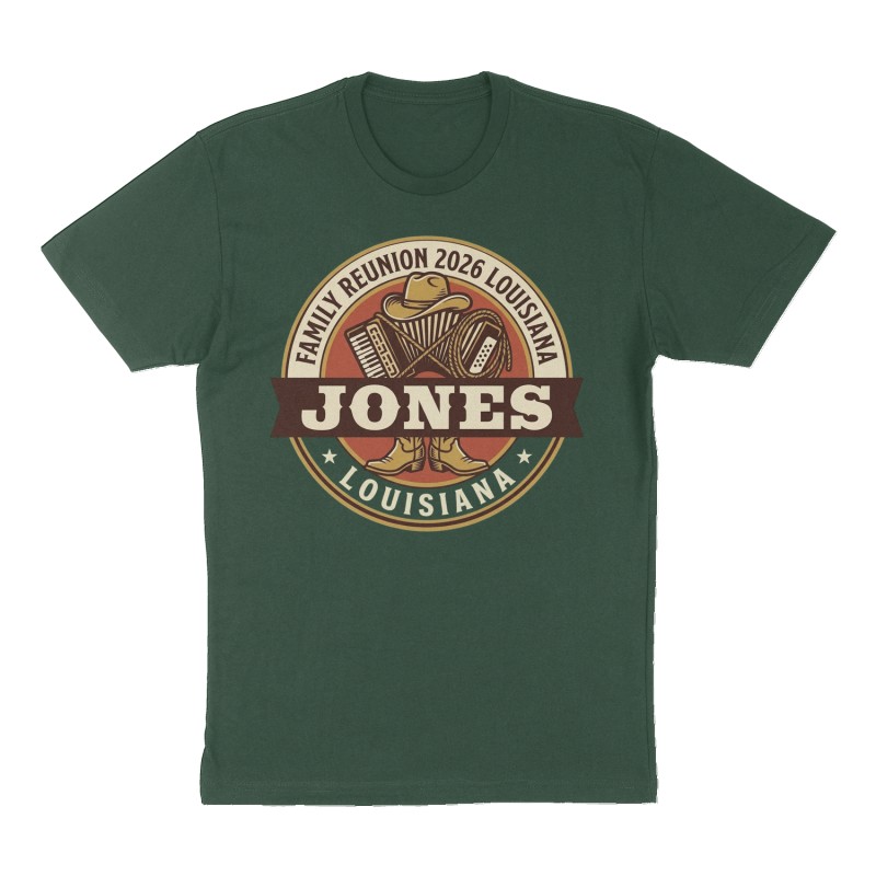 Custom t-shirt: "JONES", forest-green shirt