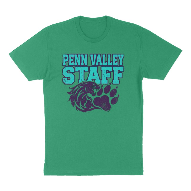 Custom t-shirt: "Penn Valley Staff", Front print, green shirt