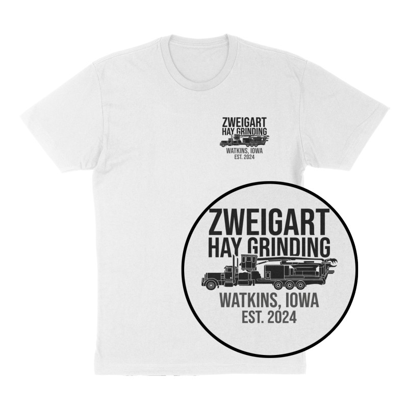 Custom t-shirt: "Zweigart Hay Grinding", Left Chest print, white shirt
