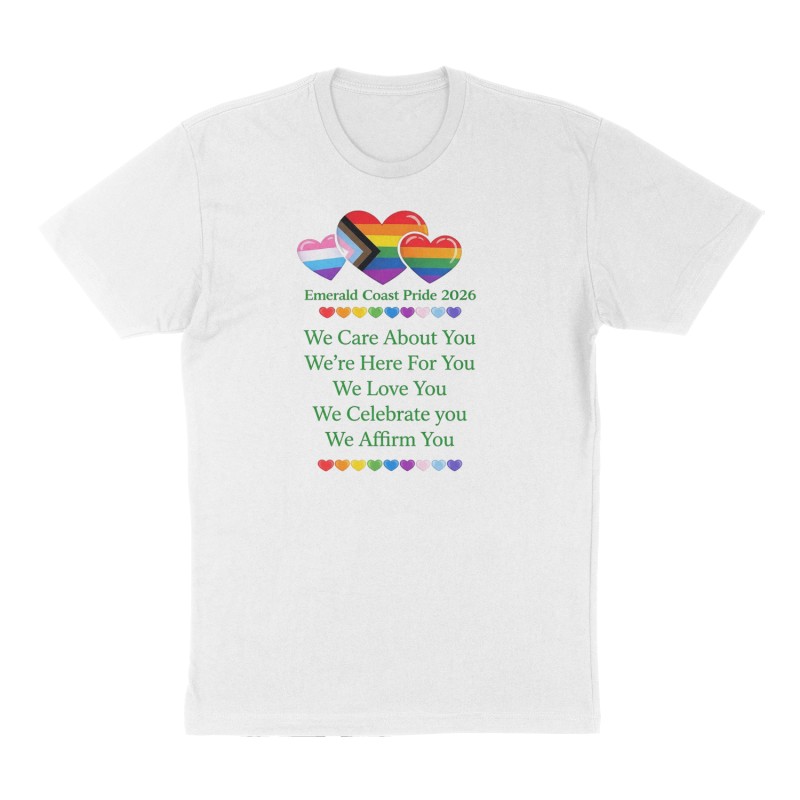 Custom t-shirt: "EMERALD COAST PRIDE 2026", Front print, white shirt